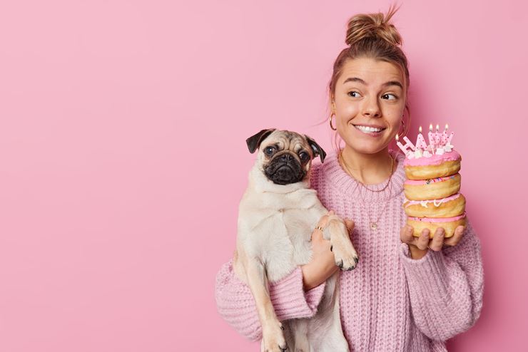 Glad Delighted Woma Celebrates Birthday Favorite Pet Poses With Dog